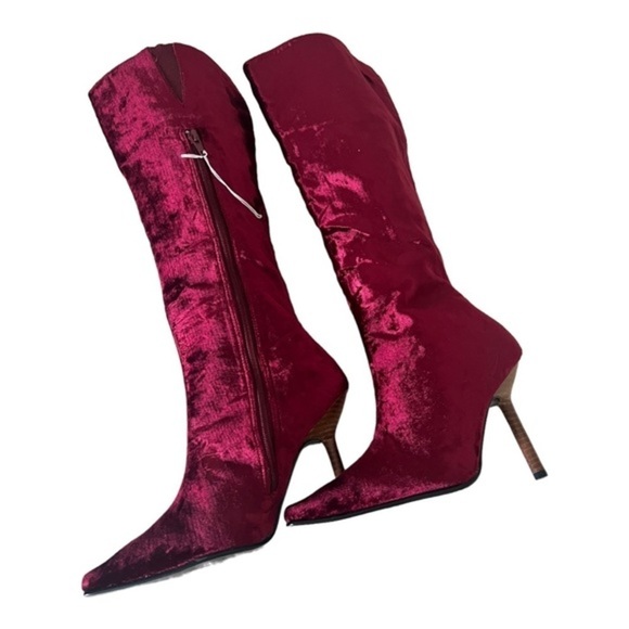 Colin Stuart Red Velvet Leather Mid Calf Pointed Toe Heel Boots Size 7M - Picture 5 of 16